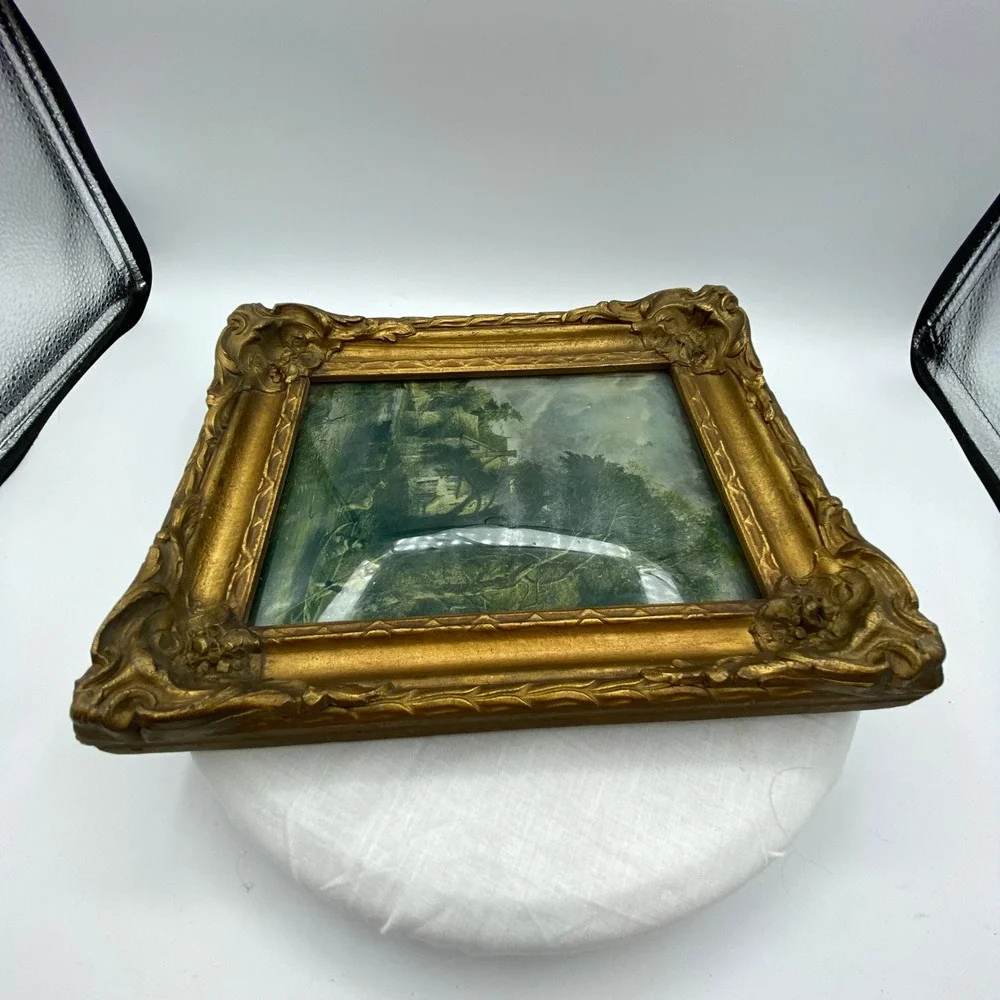 Vintage 10x9 Framed Landscape Gold Ornate Rococo Pastoral Scene Gilt Rustic